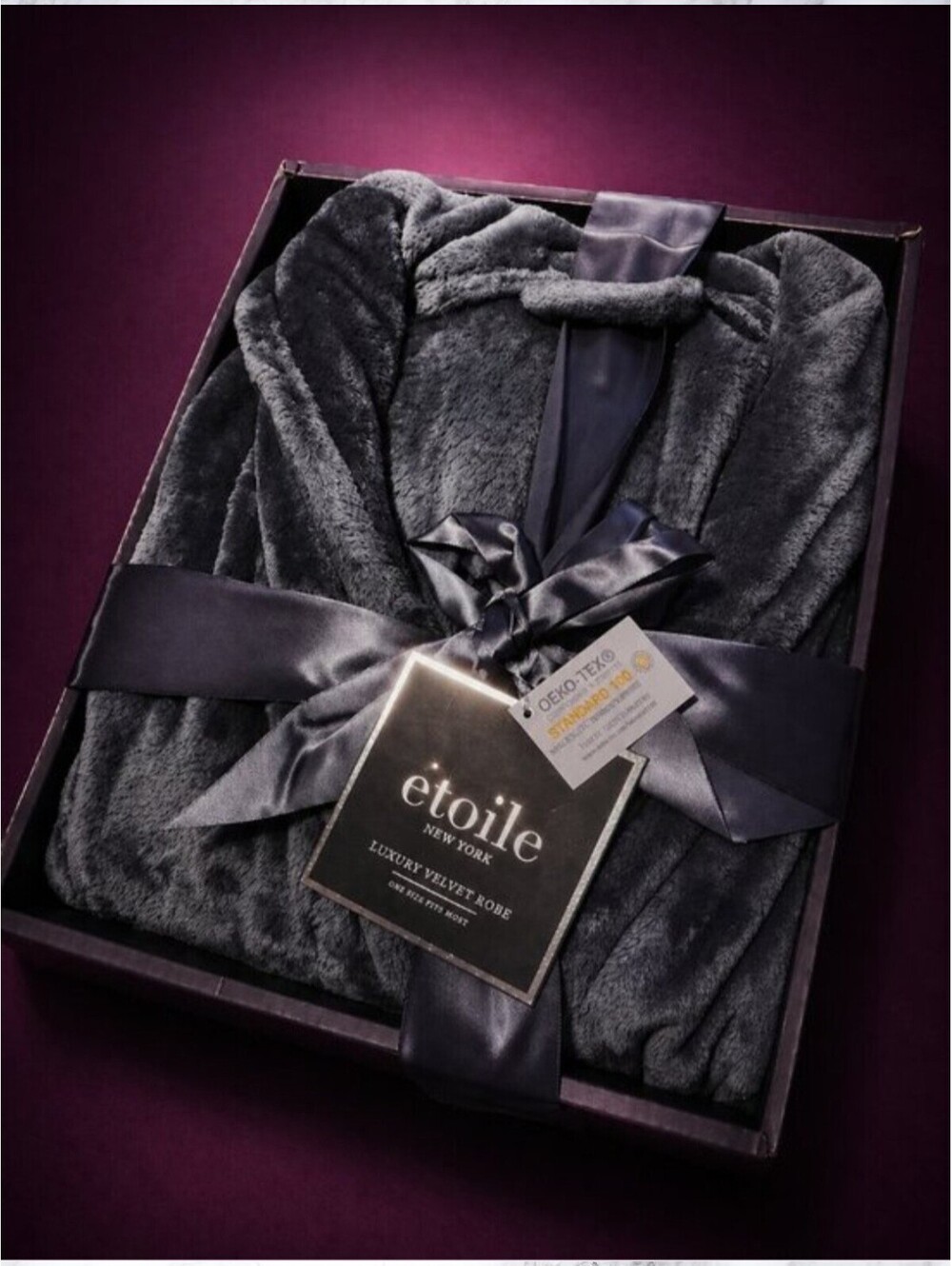Étoile New York Luxury Velvet Robe Charcoal Plush One Size Gift Box NWT